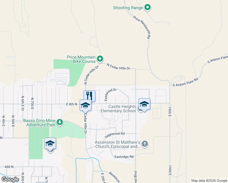 map of restaurants, bars, coffee shops, grocery stores, and more near 1572 Eastwood Drive in Price