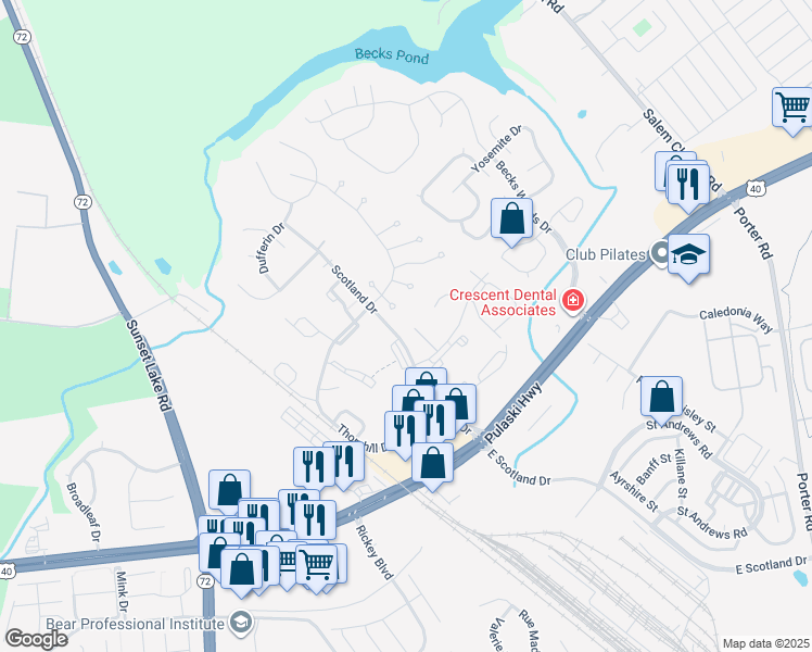 map of restaurants, bars, coffee shops, grocery stores, and more near in Bear