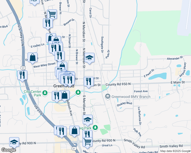 map of restaurants, bars, coffee shops, grocery stores, and more near 102 East Pearl Street in Greenwood