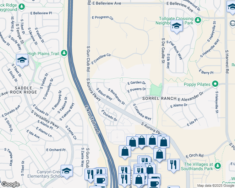 map of restaurants, bars, coffee shops, grocery stores, and more near 5581 South Catawba Way in Aurora