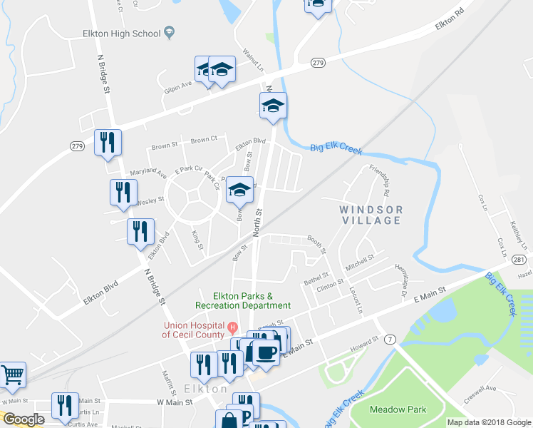 map of restaurants, bars, coffee shops, grocery stores, and more near 450 North Street in Elkton