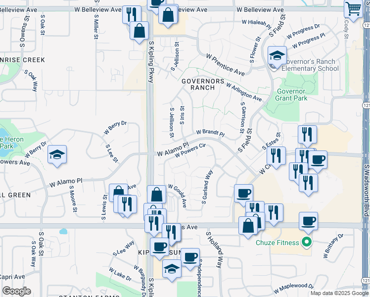 map of restaurants, bars, coffee shops, grocery stores, and more near 9665 West Powers Circle in Littleton