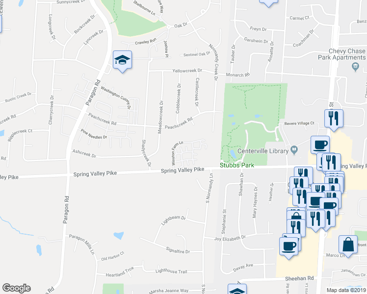 map of restaurants, bars, coffee shops, grocery stores, and more near 8815 Birkdale Hills Circle in Dayton