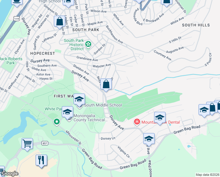 map of restaurants, bars, coffee shops, grocery stores, and more near 106 Theresa Drive in Morgantown