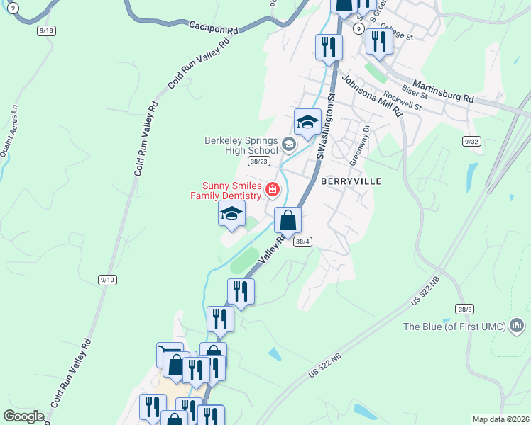 map of restaurants, bars, coffee shops, grocery stores, and more near 114 Myers Road in Berkeley Springs