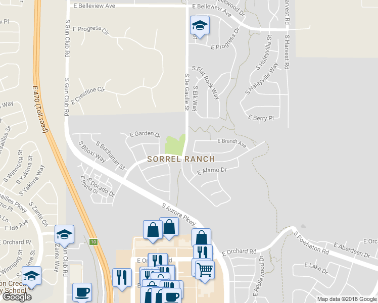 map of restaurants, bars, coffee shops, grocery stores, and more near 5603 South Elk Court in Aurora