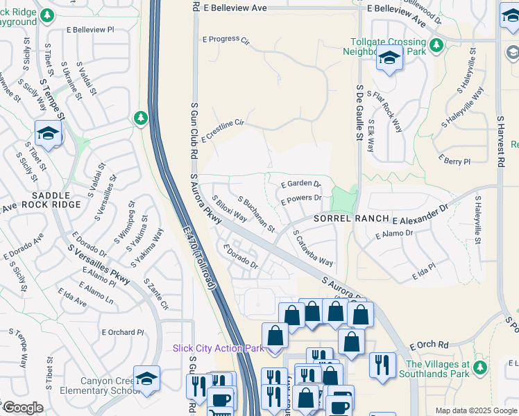 map of restaurants, bars, coffee shops, grocery stores, and more near 5581 South Catawba Way in Aurora