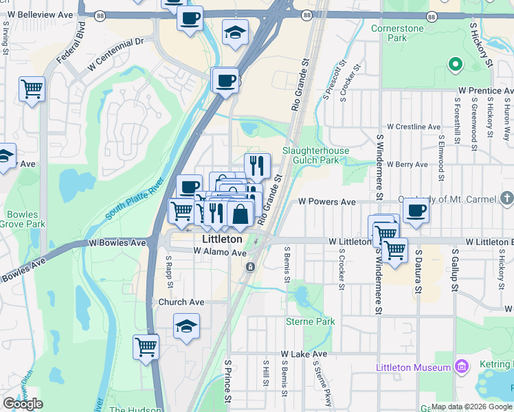 map of restaurants, bars, coffee shops, grocery stores, and more near 5612 South Sycamore Street in Littleton