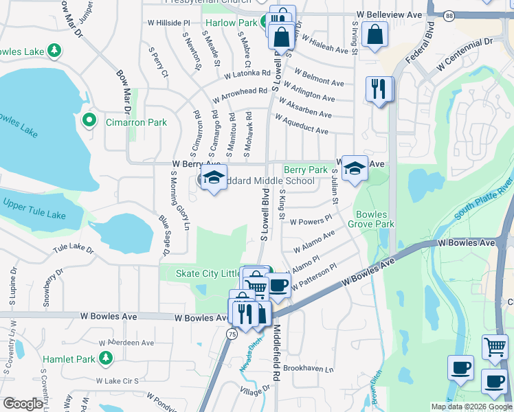 map of restaurants, bars, coffee shops, grocery stores, and more near 5671 South Lowell Boulevard in Littleton