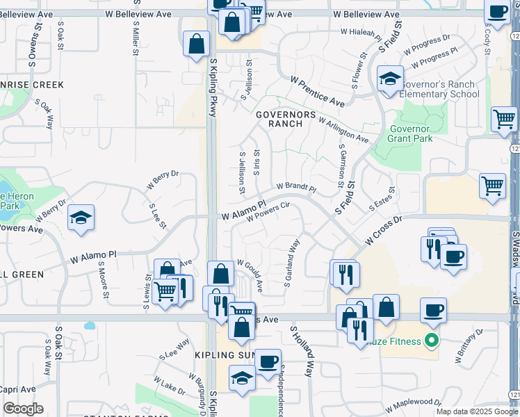 map of restaurants, bars, coffee shops, grocery stores, and more near 9665 West Powers Circle in Littleton