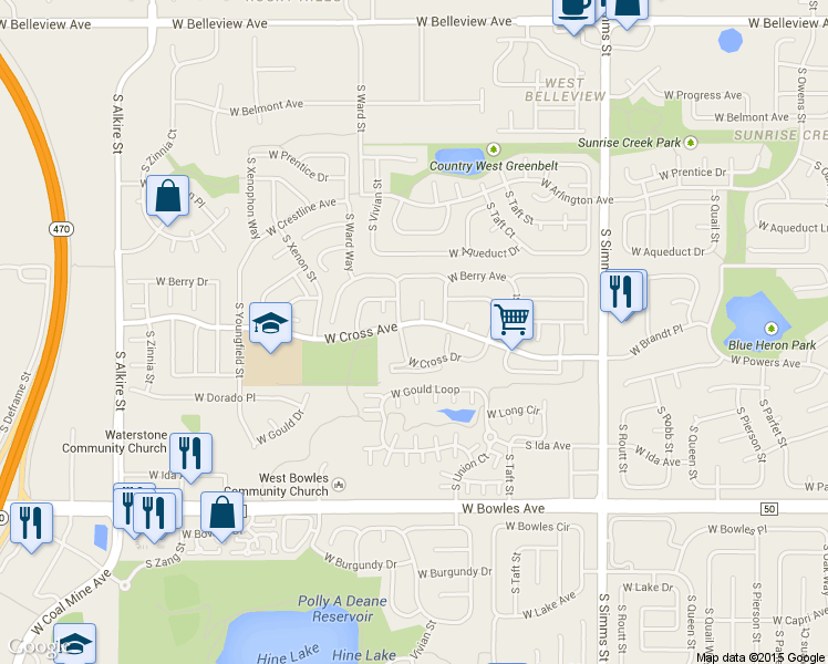 map of restaurants, bars, coffee shops, grocery stores, and more near 12062 West Cross Drive in Littleton