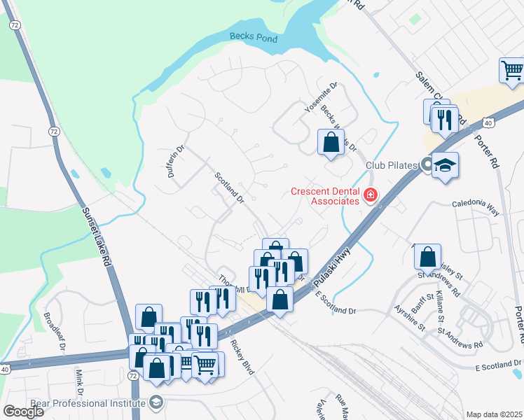 map of restaurants, bars, coffee shops, grocery stores, and more near in Bear