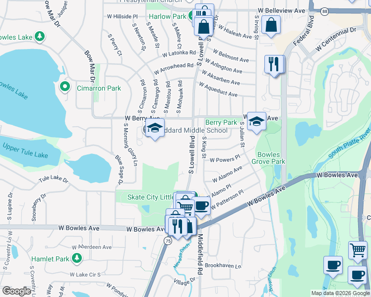 map of restaurants, bars, coffee shops, grocery stores, and more near 5671 South Lowell Boulevard in Littleton