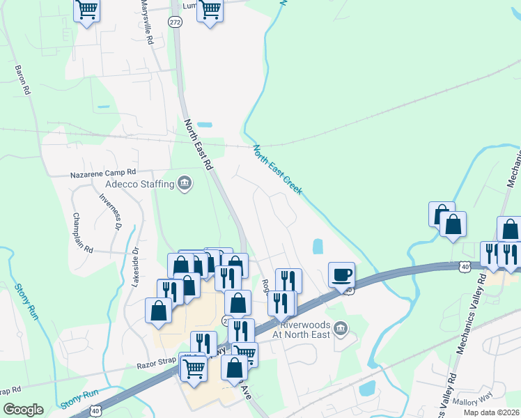 map of restaurants, bars, coffee shops, grocery stores, and more near 152 Mahogany Drive in North East