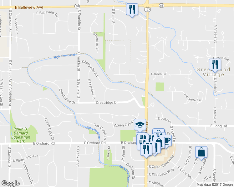 map of restaurants, bars, coffee shops, grocery stores, and more near 2050 Cherryville Road in Greenwood Village