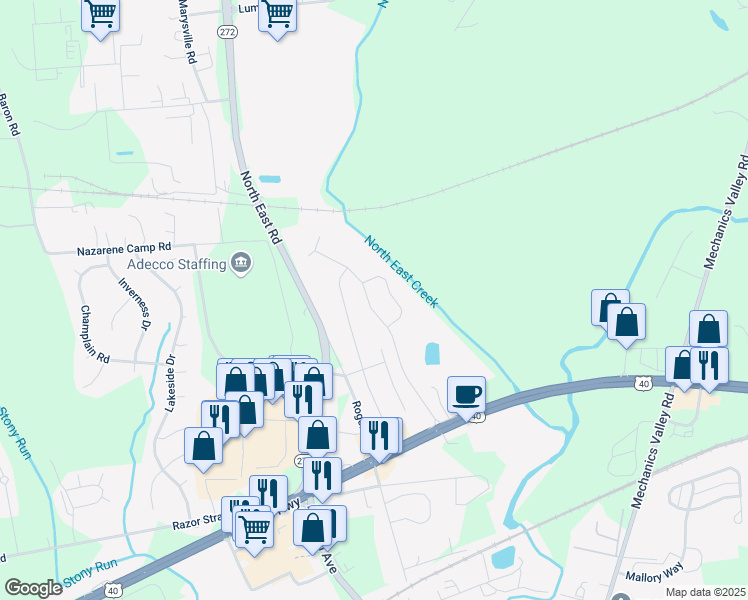 map of restaurants, bars, coffee shops, grocery stores, and more near 57 Sycamore Drive in North East