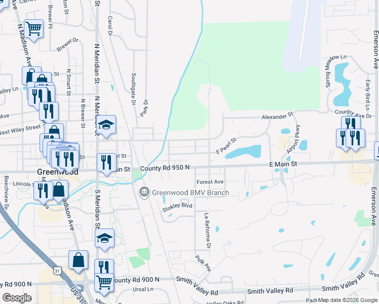 map of restaurants, bars, coffee shops, grocery stores, and more near 480 East Pearl Street in Greenwood
