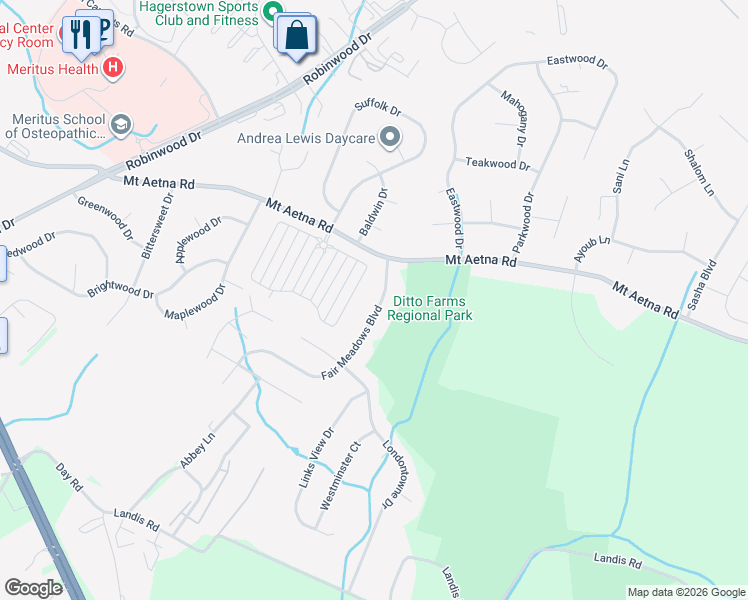 map of restaurants, bars, coffee shops, grocery stores, and more near 607 Fair Meadows Boulevard in Hagerstown