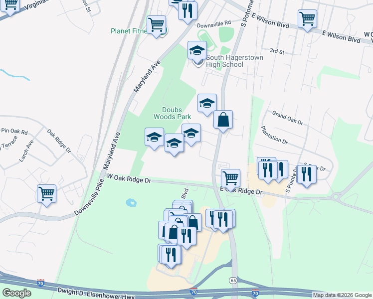 map of restaurants, bars, coffee shops, grocery stores, and more near 1321 South Potomac Street in Hagerstown