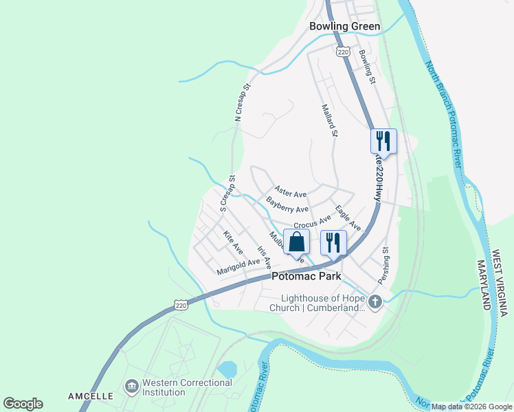 map of restaurants, bars, coffee shops, grocery stores, and more near 12006 Mulberry Avenue in Cumberland