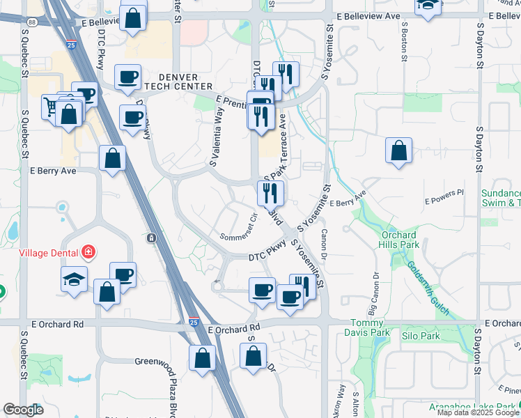 map of restaurants, bars, coffee shops, grocery stores, and more near 9 Sommerset Circle in Greenwood Village