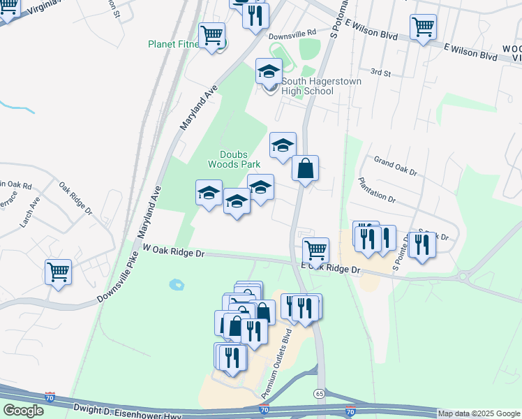 map of restaurants, bars, coffee shops, grocery stores, and more near 1321 South Potomac Street in Hagerstown