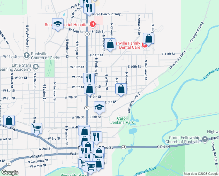 map of restaurants, bars, coffee shops, grocery stores, and more near 309 East 8th Street in Rushville