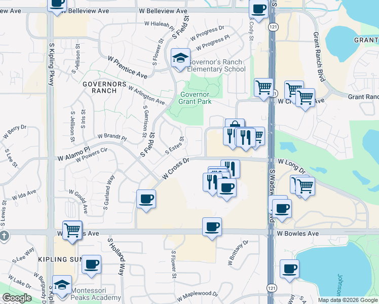 map of restaurants, bars, coffee shops, grocery stores, and more near 9053 West Cross Drive in Littleton