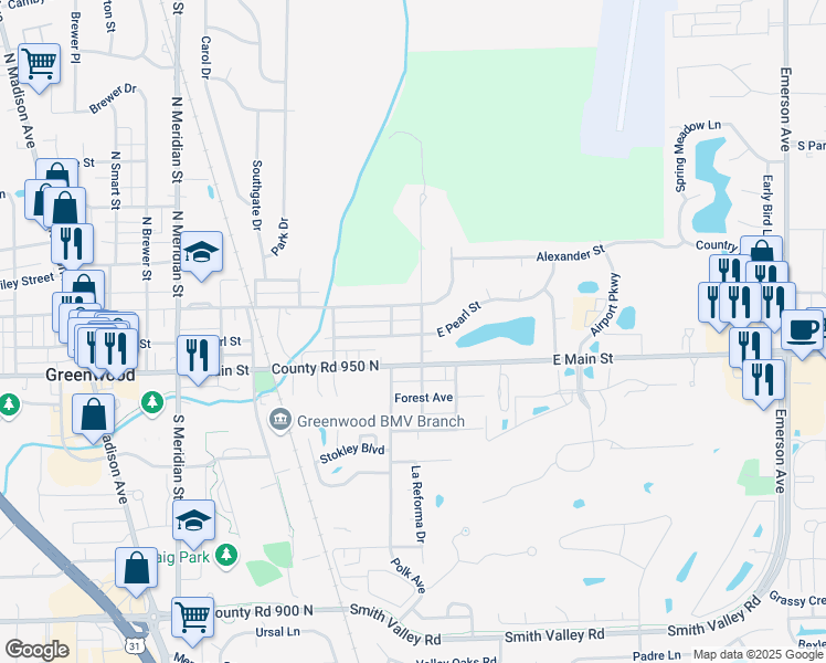 map of restaurants, bars, coffee shops, grocery stores, and more near 580 East Pearl Street in Greenwood
