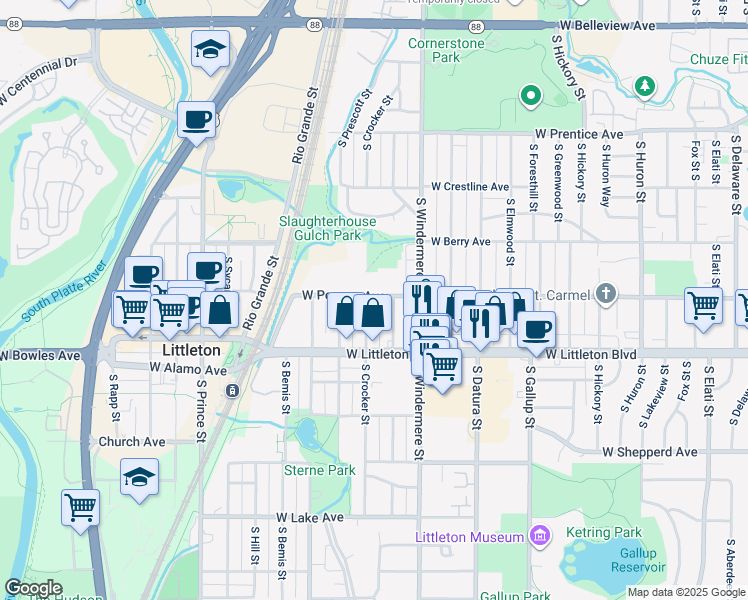 map of restaurants, bars, coffee shops, grocery stores, and more near 5606 South Crocker Street in Littleton