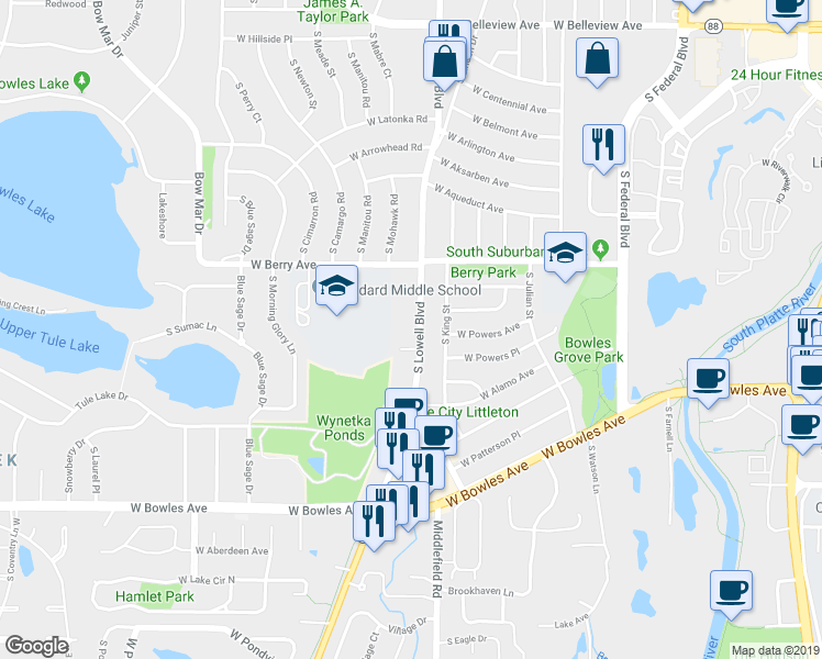 map of restaurants, bars, coffee shops, grocery stores, and more near 5671 S Lowell Blvd in Littleton