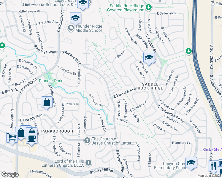 map of restaurants, bars, coffee shops, grocery stores, and more near 5569 South Quemoy Circle in Aurora
