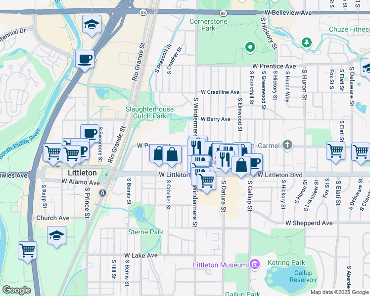 map of restaurants, bars, coffee shops, grocery stores, and more near 5608 South Louthan Street in Littleton