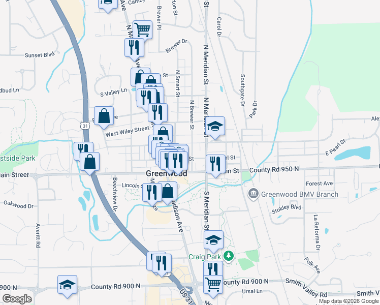 map of restaurants, bars, coffee shops, grocery stores, and more near 52 South Brewer Street in Greenwood