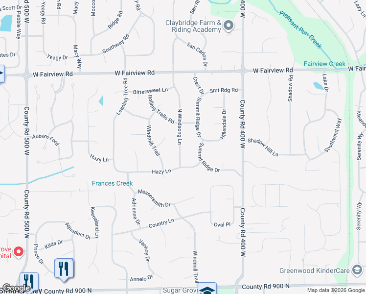 map of restaurants, bars, coffee shops, grocery stores, and more near 151 North Windsong Lane in Greenwood