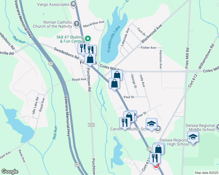 map of restaurants, bars, coffee shops, grocery stores, and more near 2395 Delsea Drive in Franklin