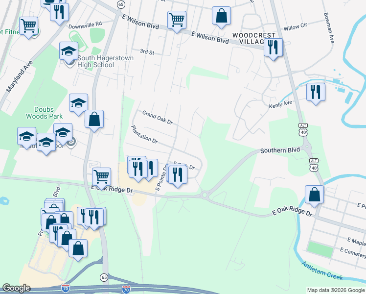 map of restaurants, bars, coffee shops, grocery stores, and more near 1221 Hunters Woods Drive in Hagerstown