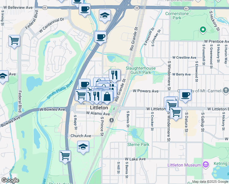 map of restaurants, bars, coffee shops, grocery stores, and more near 5612 South Sycamore Street in Littleton