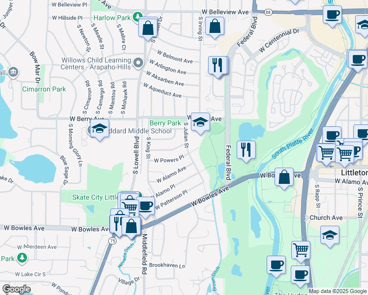 map of restaurants, bars, coffee shops, grocery stores, and more near 3404 West Powers Avenue in Littleton