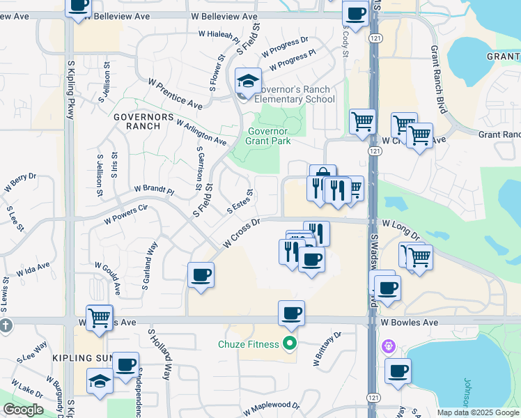 map of restaurants, bars, coffee shops, grocery stores, and more near 9053 West Cross Drive in Littleton