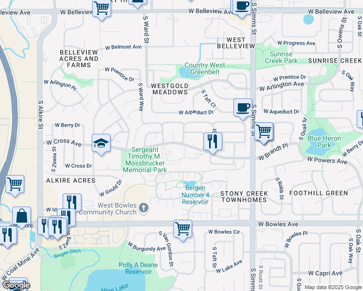map of restaurants, bars, coffee shops, grocery stores, and more near 5667 South Urban Street in Littleton