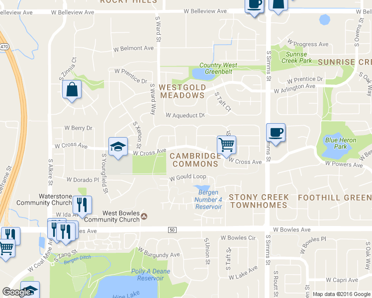 map of restaurants, bars, coffee shops, grocery stores, and more near 12233 West Cross Drive in Littleton