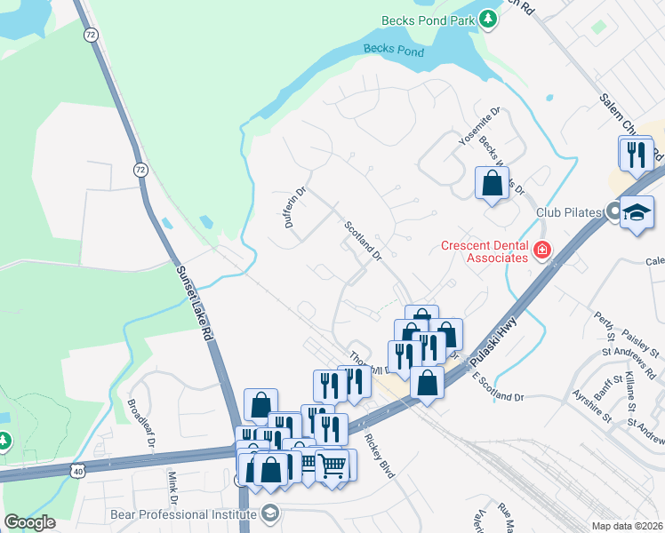 map of restaurants, bars, coffee shops, grocery stores, and more near 721 Kilgor Court in Newark