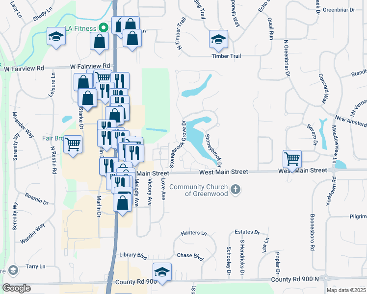 map of restaurants, bars, coffee shops, grocery stores, and more near 24 Hidden Bay Drive in Greenwood
