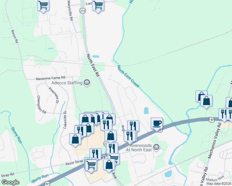 map of restaurants, bars, coffee shops, grocery stores, and more near 152 Mahogany Drive in North East