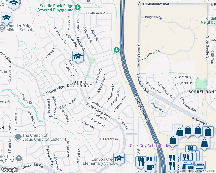 map of restaurants, bars, coffee shops, grocery stores, and more near 5524 South Wenatchee Street in Aurora