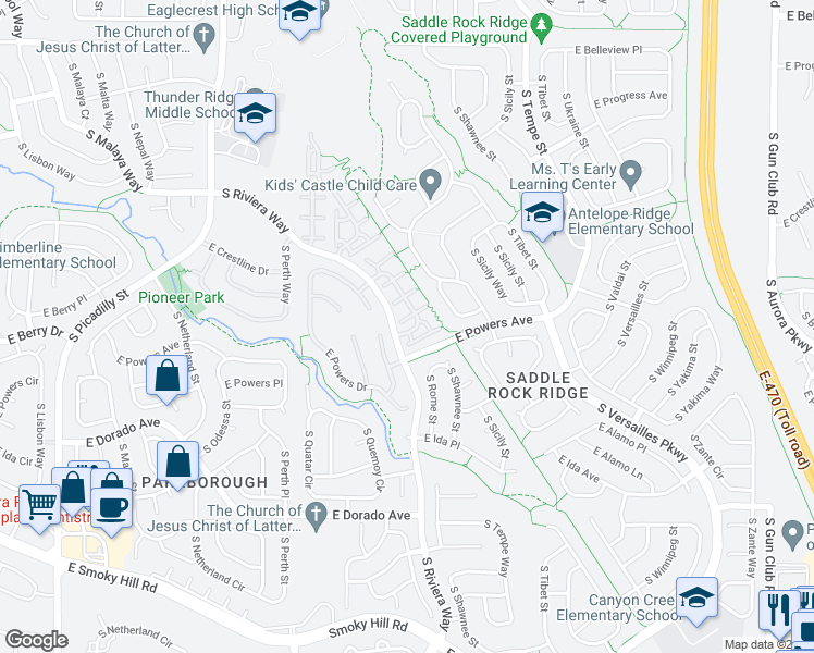 map of restaurants, bars, coffee shops, grocery stores, and more near 5571 South Quemoy Circle in Aurora