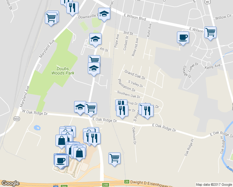 map of restaurants, bars, coffee shops, grocery stores, and more near 107 Southern Oak Dr in Hagerstown