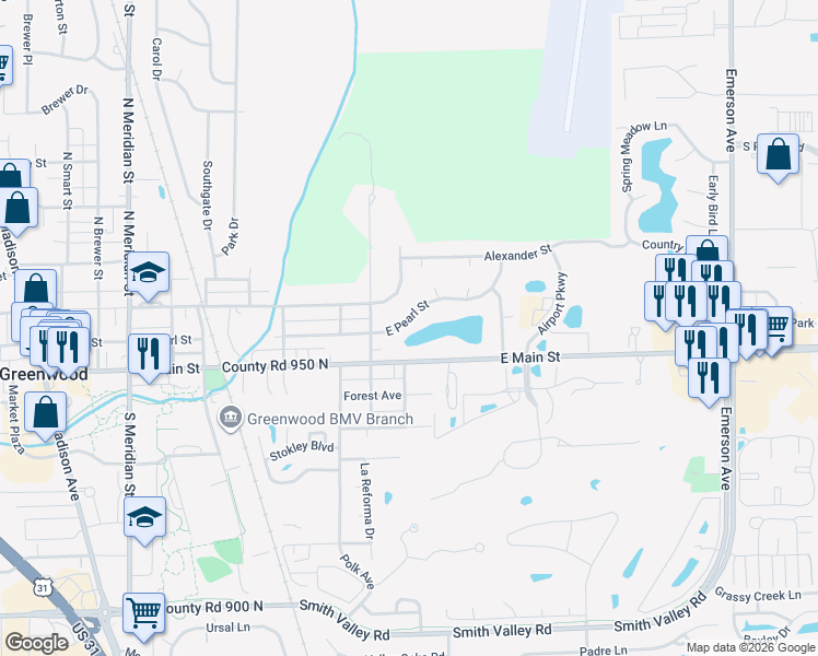 map of restaurants, bars, coffee shops, grocery stores, and more near 617 East Pearl Street in Greenwood