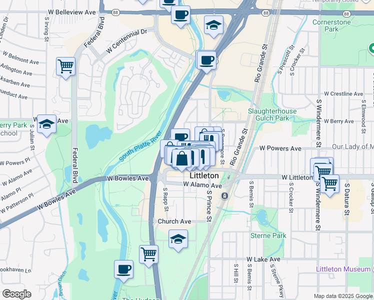 map of restaurants, bars, coffee shops, grocery stores, and more near 5610 South Curtice Street in Littleton